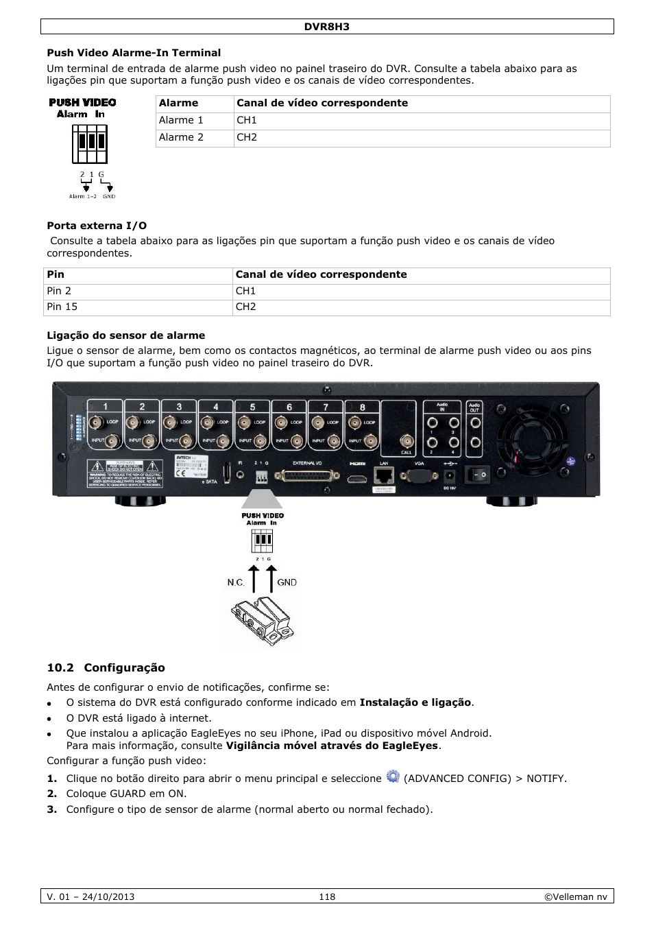 Push video alarme-in terminal, Porta externa i/o, Ligação do sensor de alarme | 2 configuração | Velleman DVR8H3 User Manual | Page 118 / 128