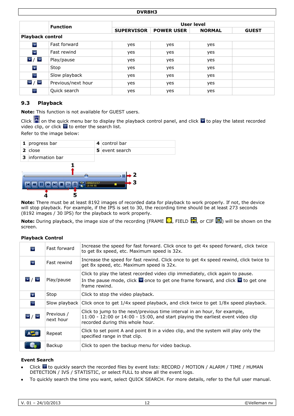 3 playback, Playback control, Event search | Velleman DVR8H3 User Manual | Page 12 / 128