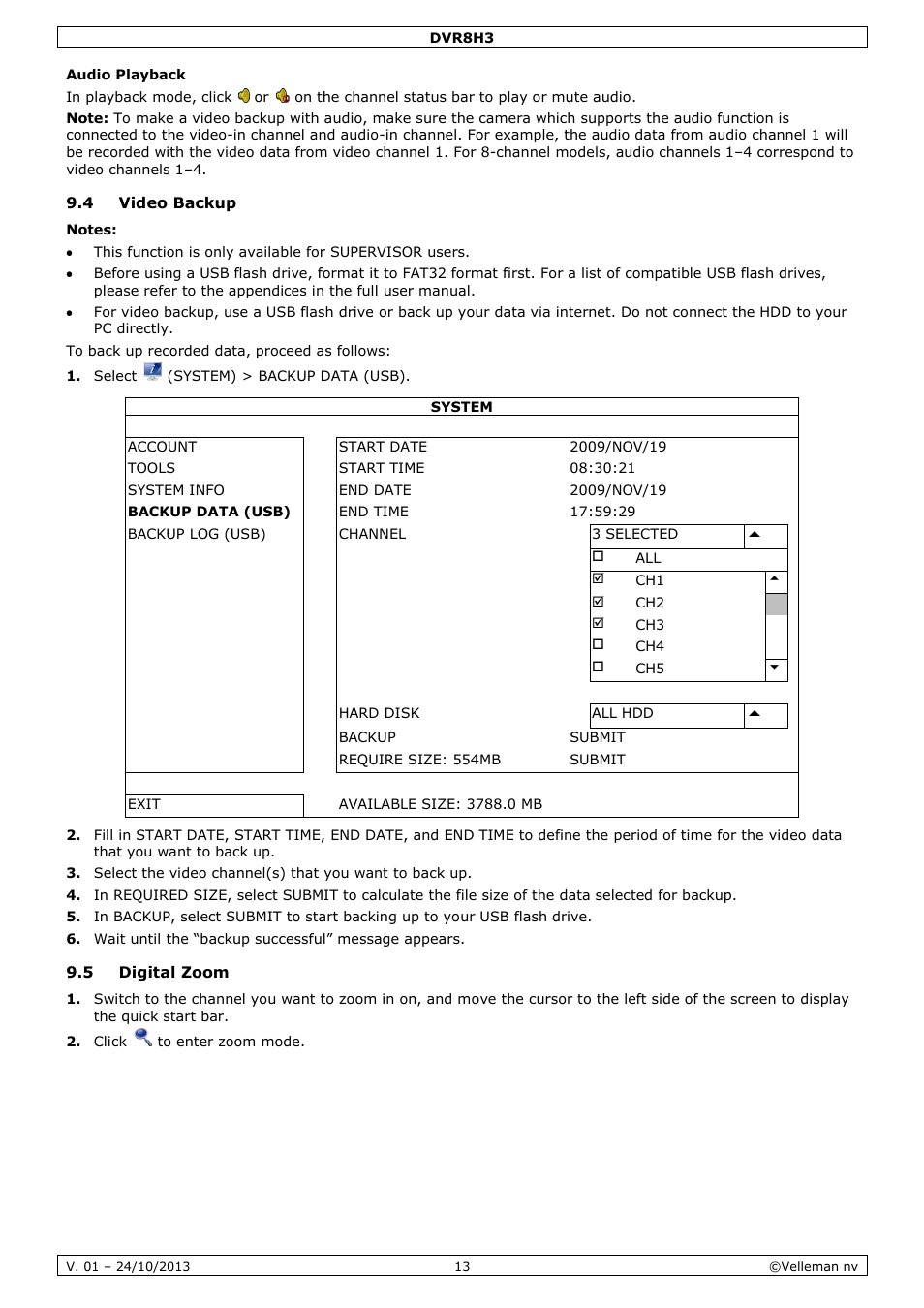Audio playback, 4 video backup, 5 digital zoom | Velleman DVR8H3 User Manual | Page 13 / 128