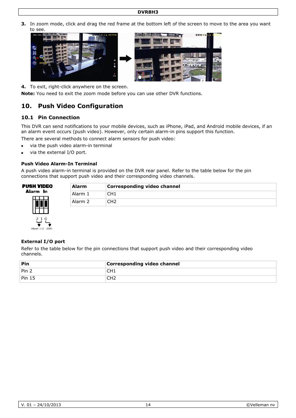Push video configuration, 1 pin connection, Push video alarm-in terminal | External i/o port | Velleman DVR8H3 User Manual | Page 14 / 128