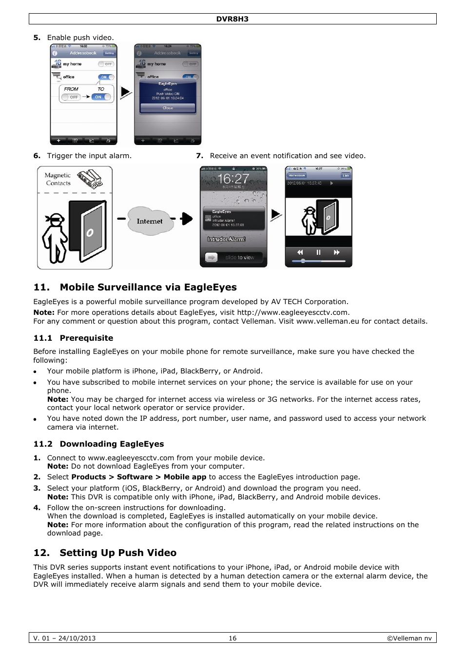 Mobile surveillance via eagleeyes, 1 prerequisite, 2 downloading eagleeyes | Setting up push video | Velleman DVR8H3 User Manual | Page 16 / 128