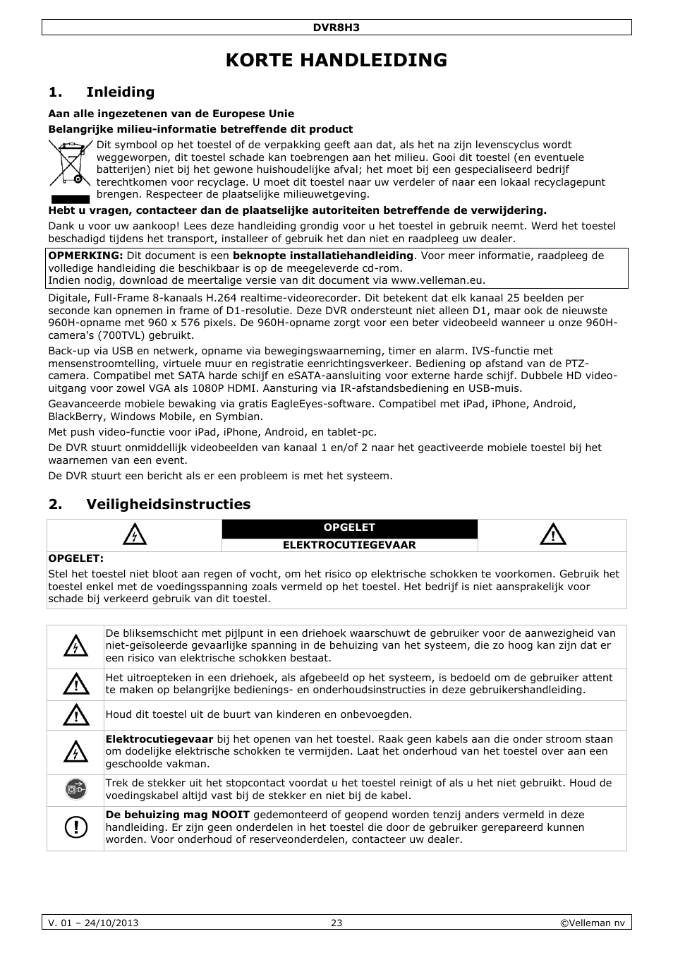 Korte handleiding, Inleiding, Veiligheidsinstructies | Velleman DVR8H3 User Manual | Page 23 / 128