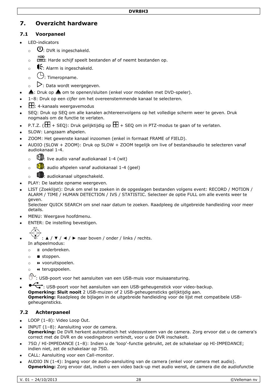Overzicht hardware, 1 voorpaneel, 2 achterpaneel | Velleman DVR8H3 User Manual | Page 28 / 128