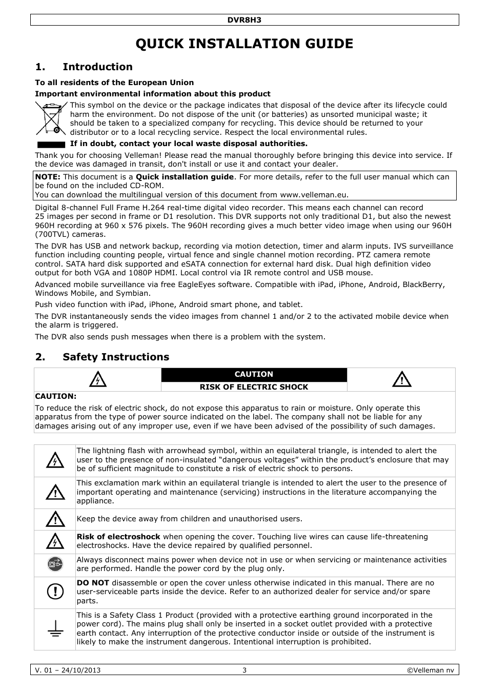 Quick installation guide, Introduction, Safety instructions | Velleman DVR8H3 User Manual | Page 3 / 128