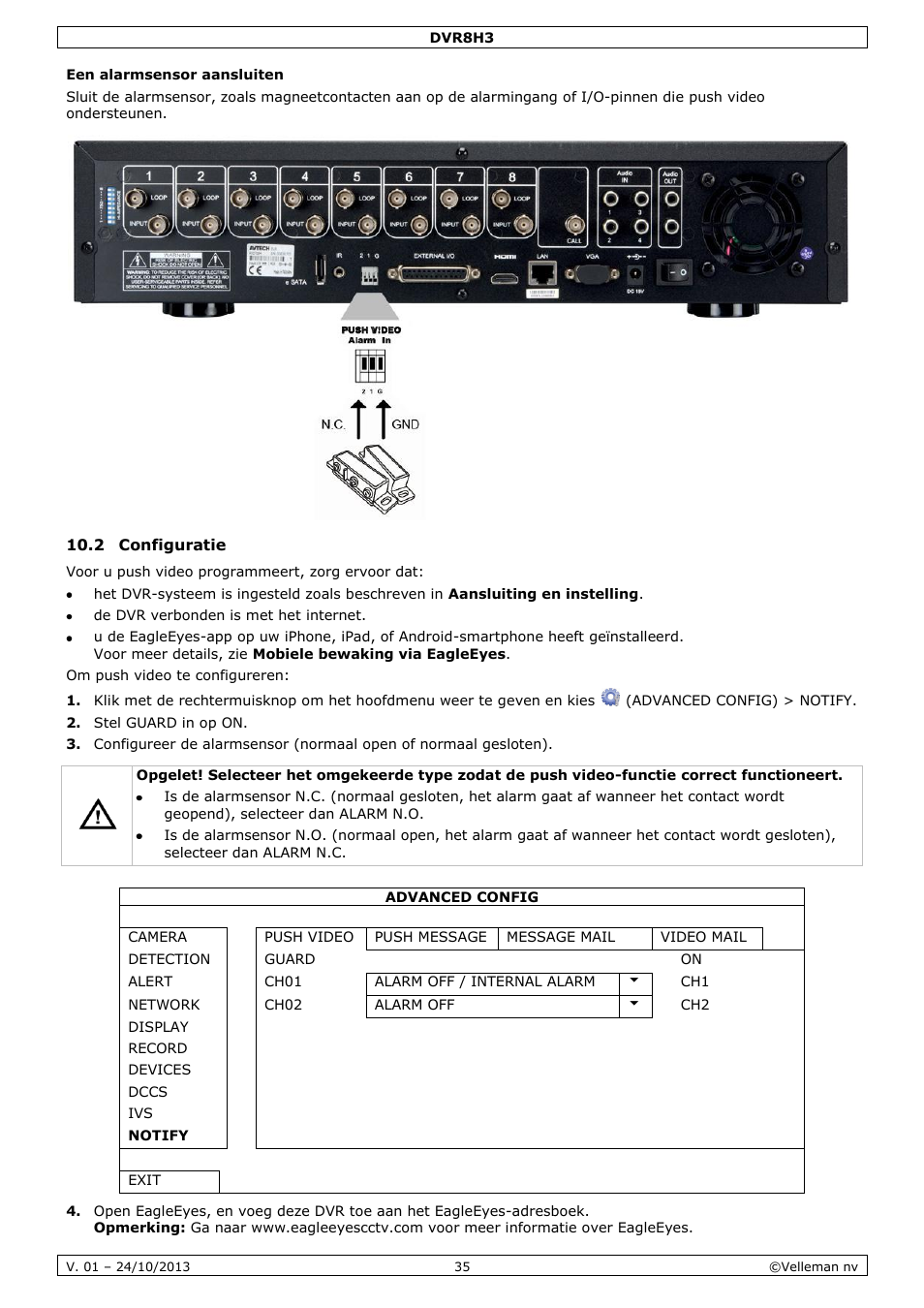 Een alarmsensor aansluiten, 2 configuratie | Velleman DVR8H3 User Manual | Page 35 / 128