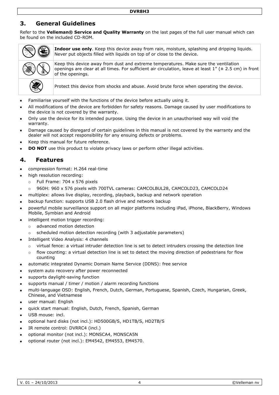 General guidelines, Features | Velleman DVR8H3 User Manual | Page 4 / 128
