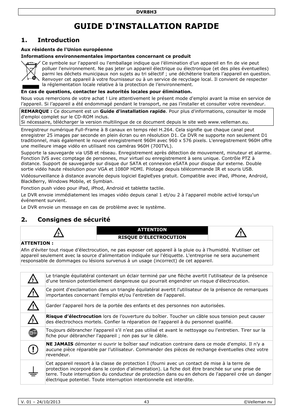 Guide d'installation rapide, Introduction, Consignes de sécurité | Velleman DVR8H3 User Manual | Page 43 / 128