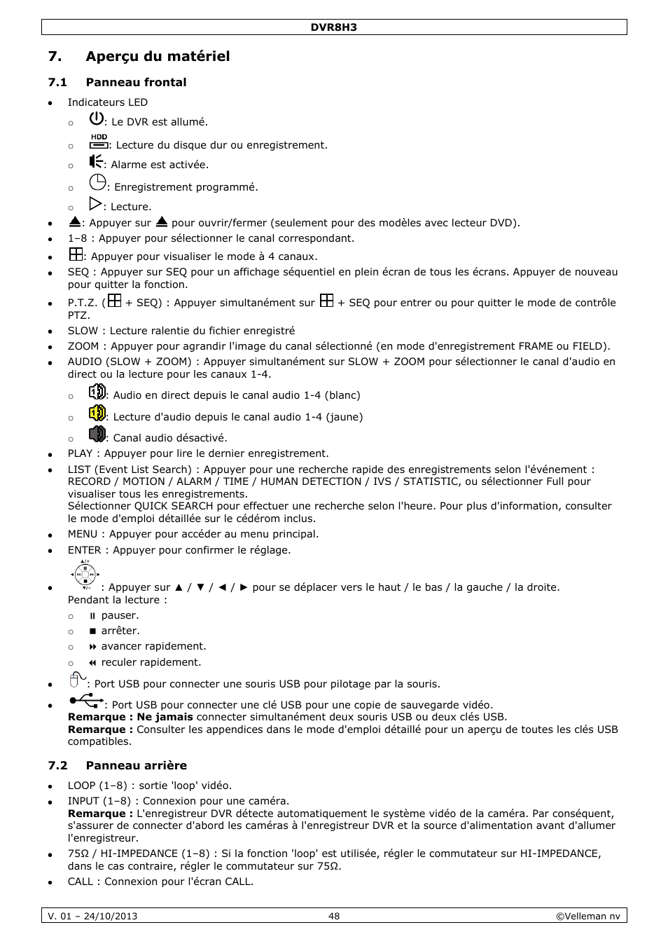 Aperçu du matériel, 1 panneau frontal, 2 panneau arrière | Velleman DVR8H3 User Manual | Page 48 / 128
