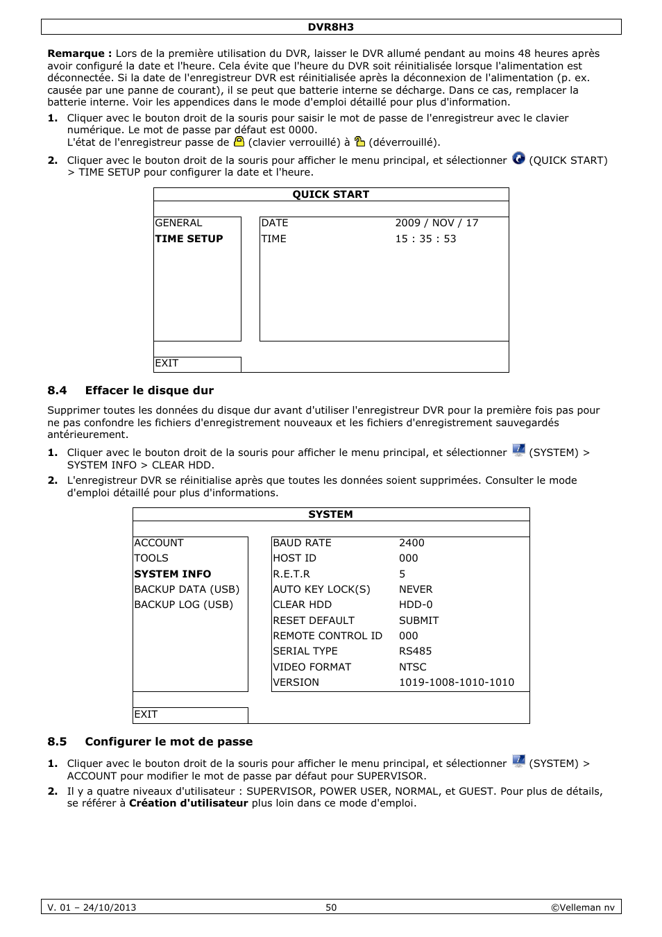 4 effacer le disque dur, 5 configurer le mot de passe | Velleman DVR8H3 User Manual | Page 50 / 128