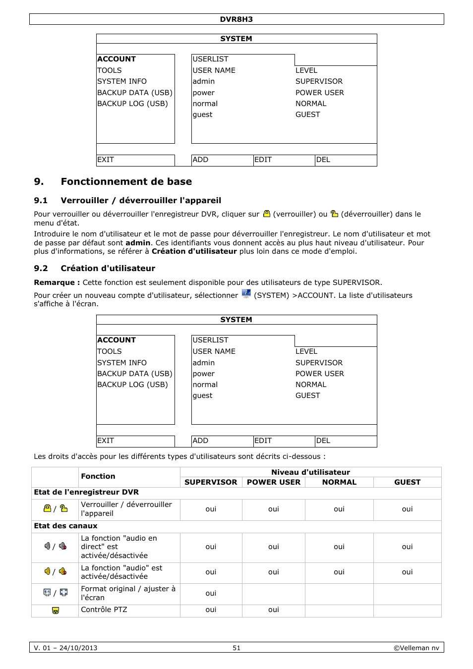 Fonctionnement de base, 1 verrouiller / déverrouiller l'appareil, 2 création d'utilisateur | Velleman DVR8H3 User Manual | Page 51 / 128
