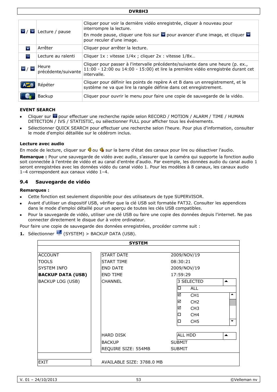 Event search, Lecture avec audio, 4 sauvegarde de vidéo | Velleman DVR8H3 User Manual | Page 53 / 128