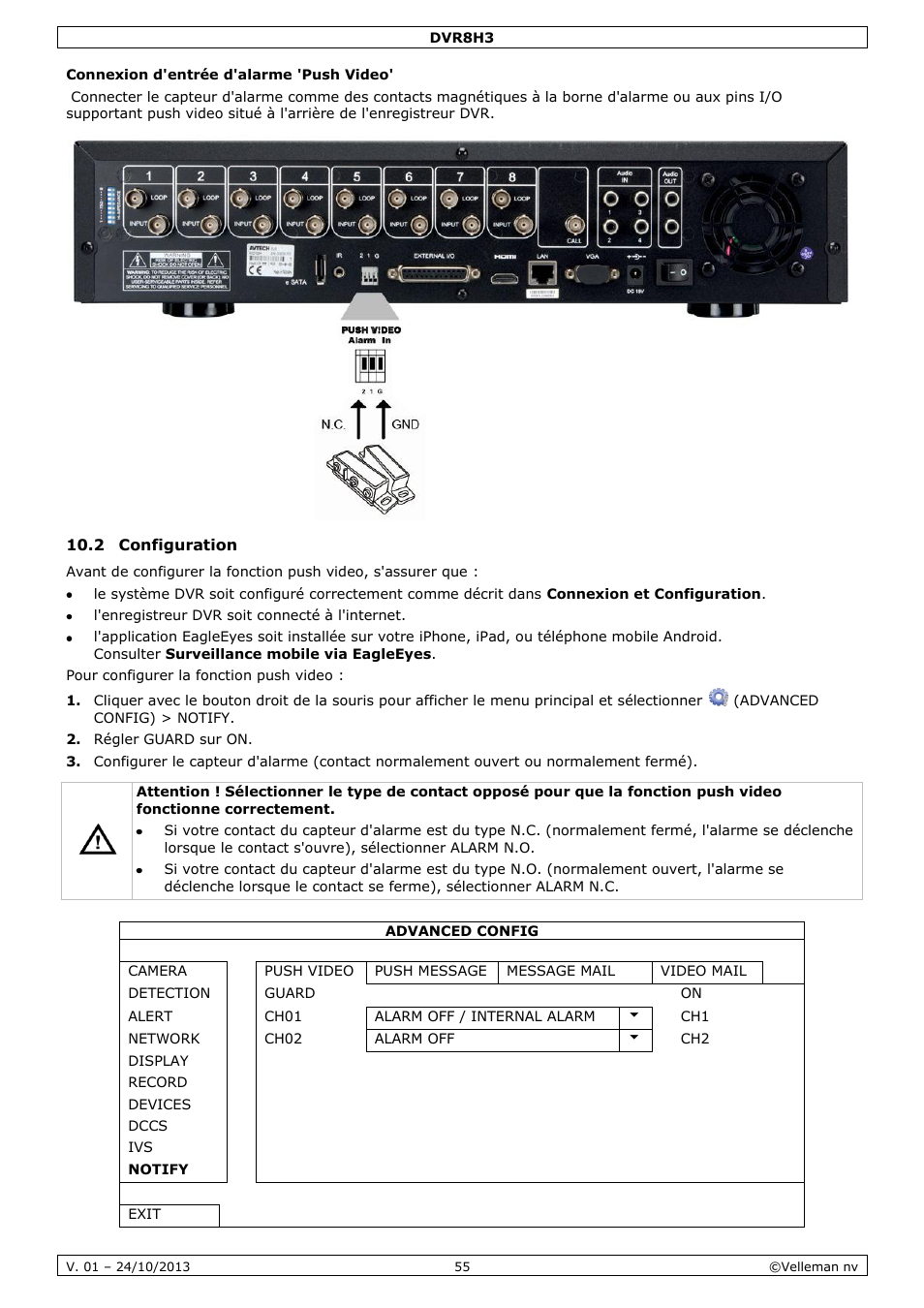 Connexion d'entrée d'alarme 'push video, 2 configuration | Velleman DVR8H3 User Manual | Page 55 / 128