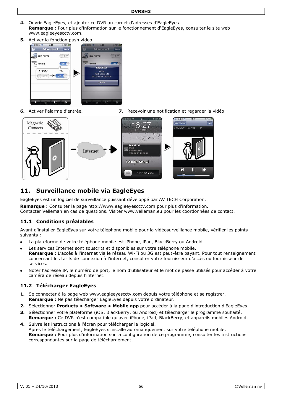Surveillance mobile via eagleeyes, 1 conditions préalables, 2 télécharger eagleeyes | Velleman DVR8H3 User Manual | Page 56 / 128