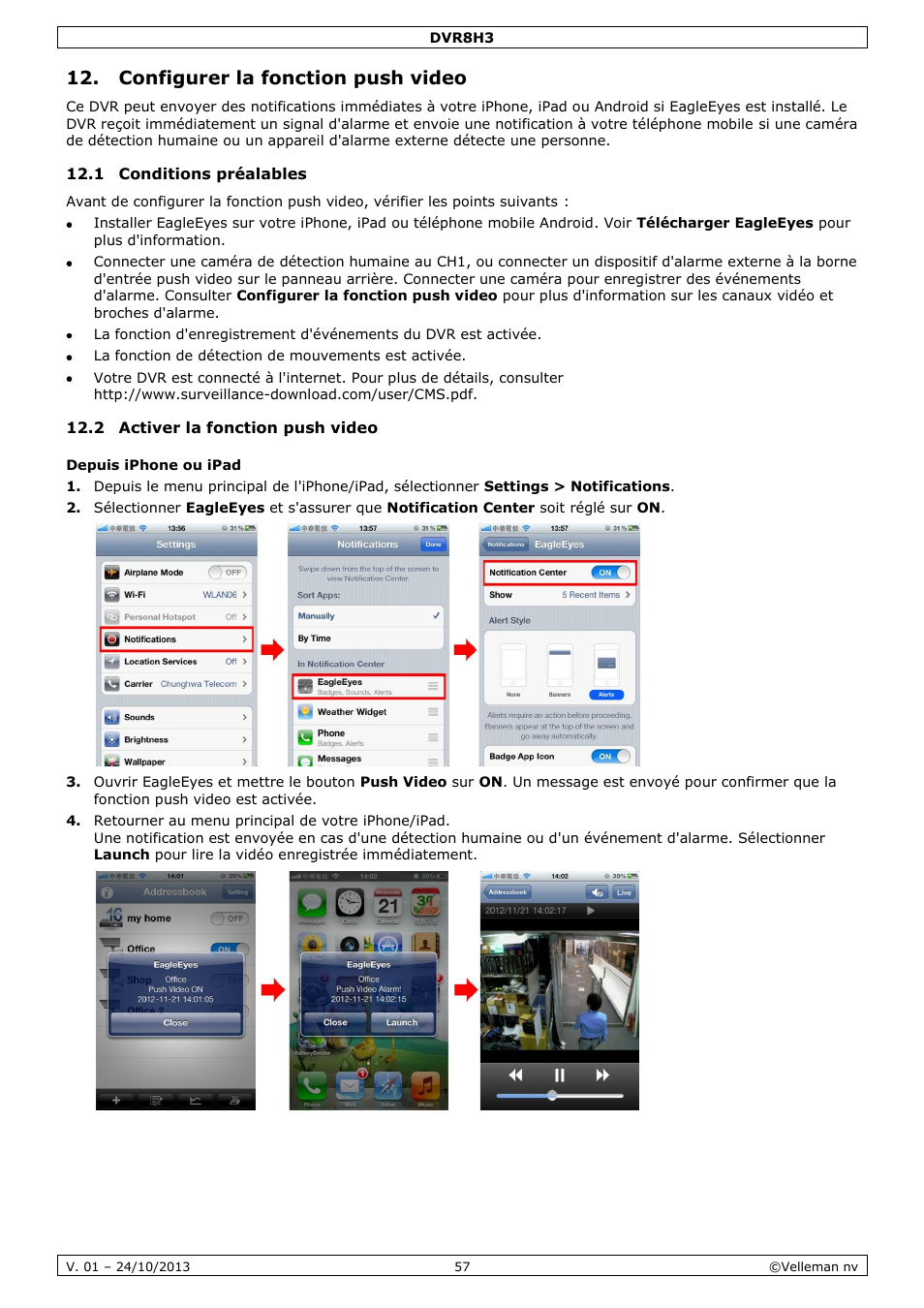 Configurer la fonction push video, 1 conditions préalables, 2 activer la fonction push video | Depuis iphone ou ipad | Velleman DVR8H3 User Manual | Page 57 / 128