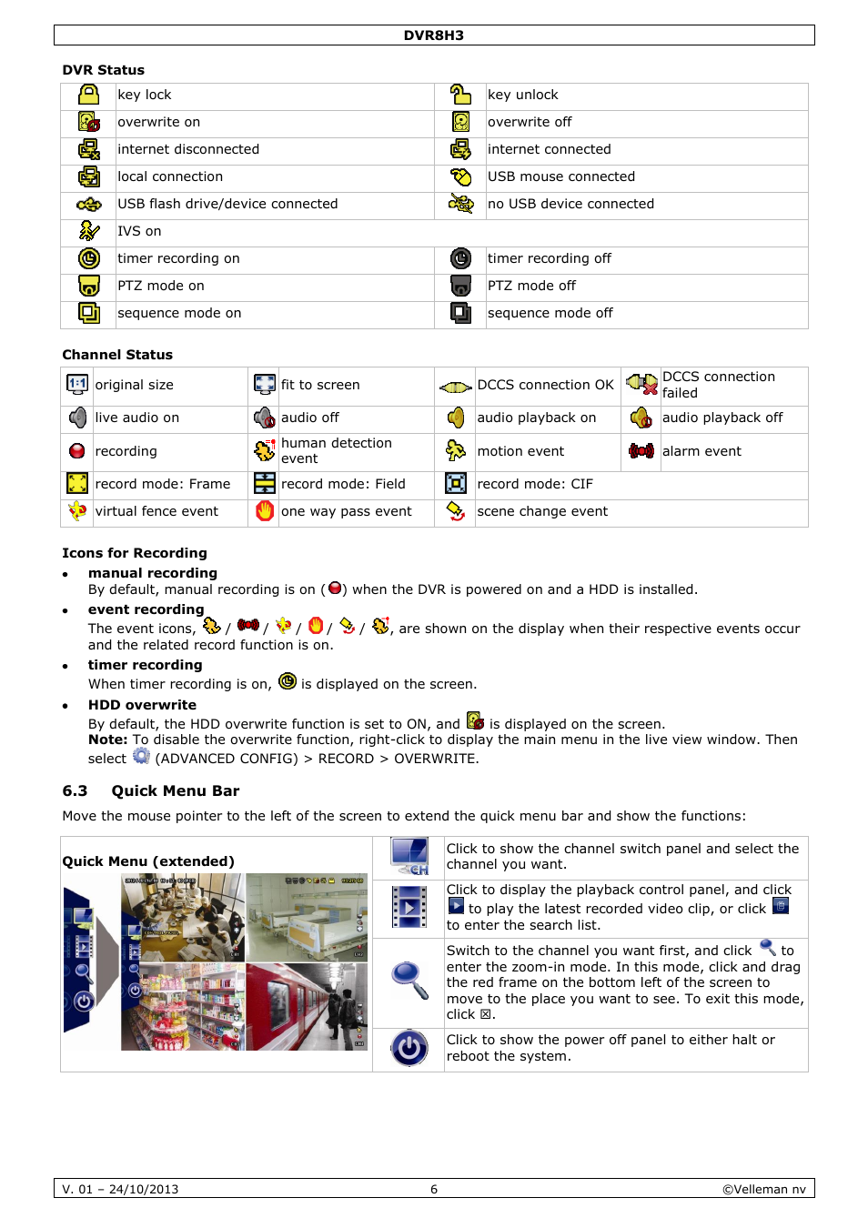 Dvr status, Channel status, Icons for recording | 3 quick menu bar | Velleman DVR8H3 User Manual | Page 6 / 128