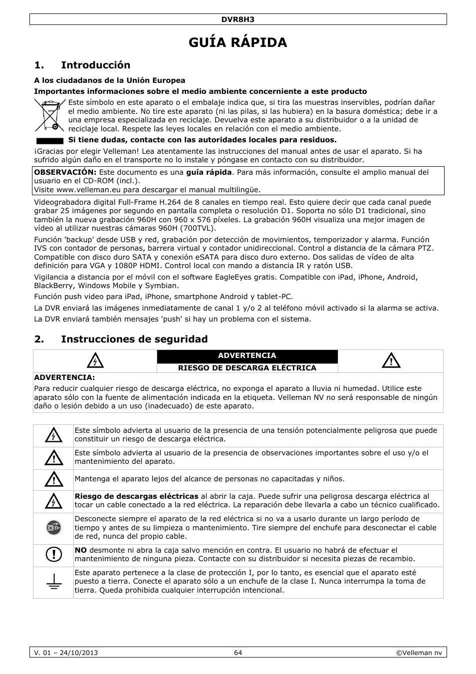 Guía rápida, Introducción, Instrucciones de seguridad | Velleman DVR8H3 User Manual | Page 64 / 128