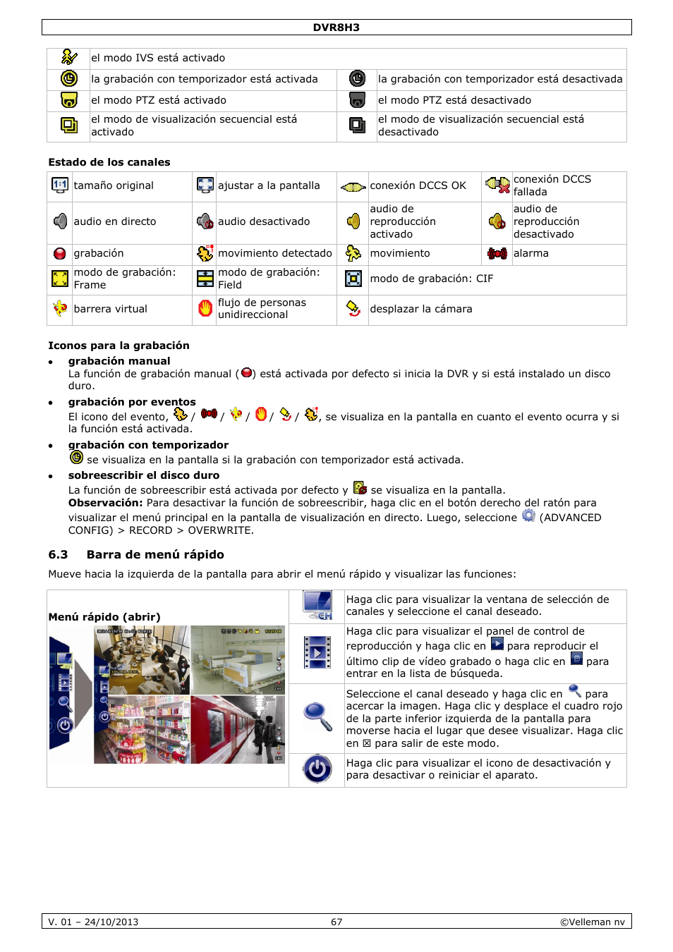 Estado de los canales, Iconos para la grabación, 3 barra de menú rápido | Velleman DVR8H3 User Manual | Page 67 / 128