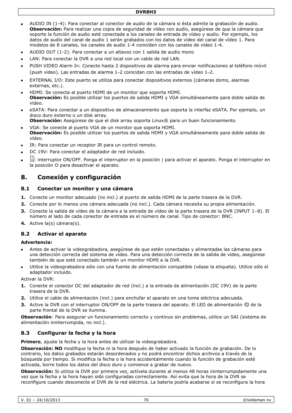 Conexión y configuración, 1 conectar un monitor y una cámara, 2 activar el aparato | 3 configurar la fecha y la hora | Velleman DVR8H3 User Manual | Page 70 / 128