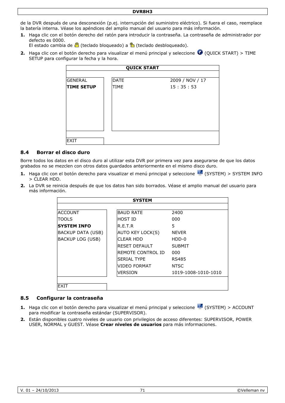 4 borrar el disco duro, 5 configurar la contraseña | Velleman DVR8H3 User Manual | Page 71 / 128