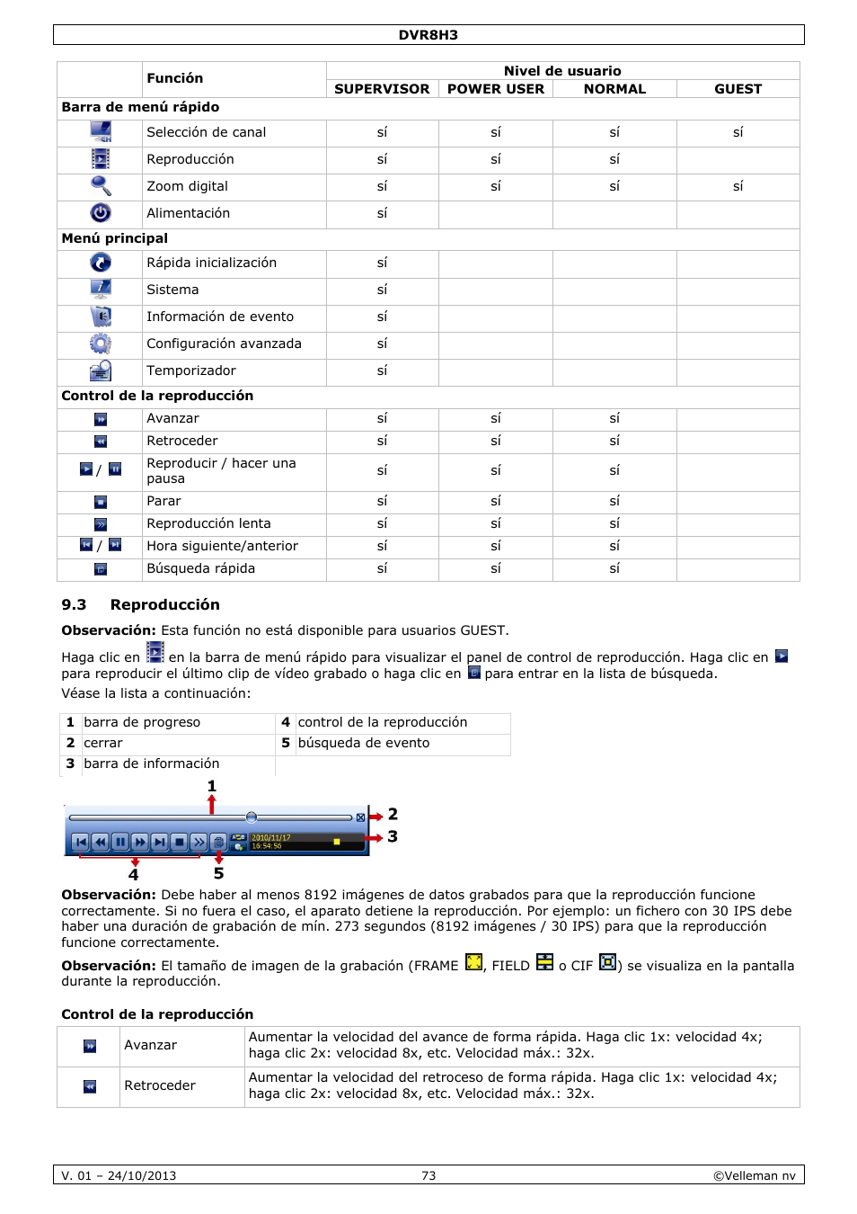 3 reproducción, Control de la reproducción | Velleman DVR8H3 User Manual | Page 73 / 128
