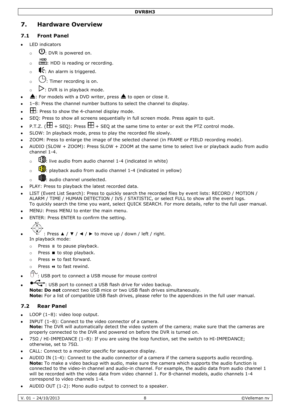Hardware overview, 1 front panel, 2 rear panel | Velleman DVR8H3 User Manual | Page 8 / 128