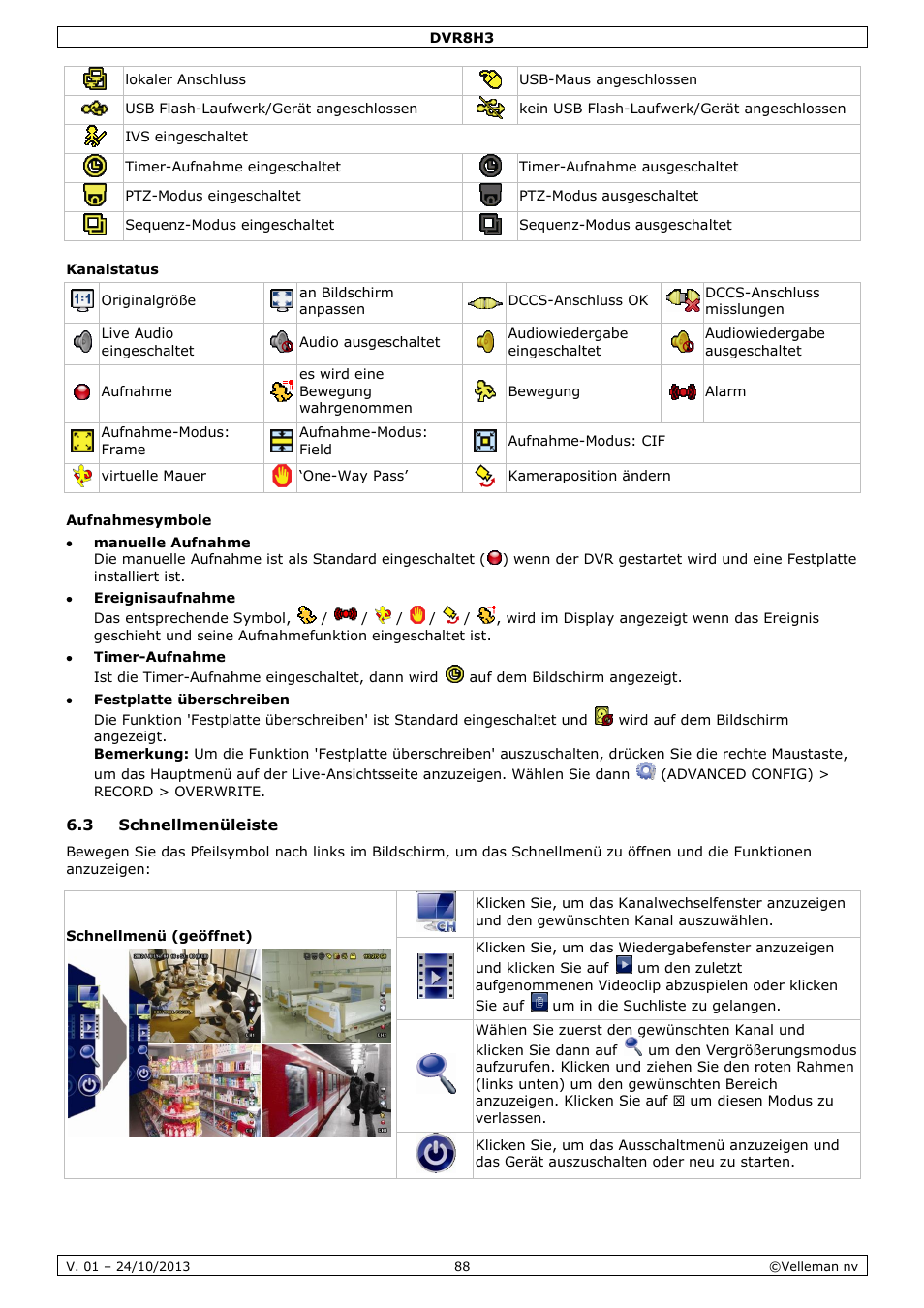 Kanalstatus, Aufnahmesymbole, 3 schnellmenüleiste | Velleman DVR8H3 User Manual | Page 88 / 128