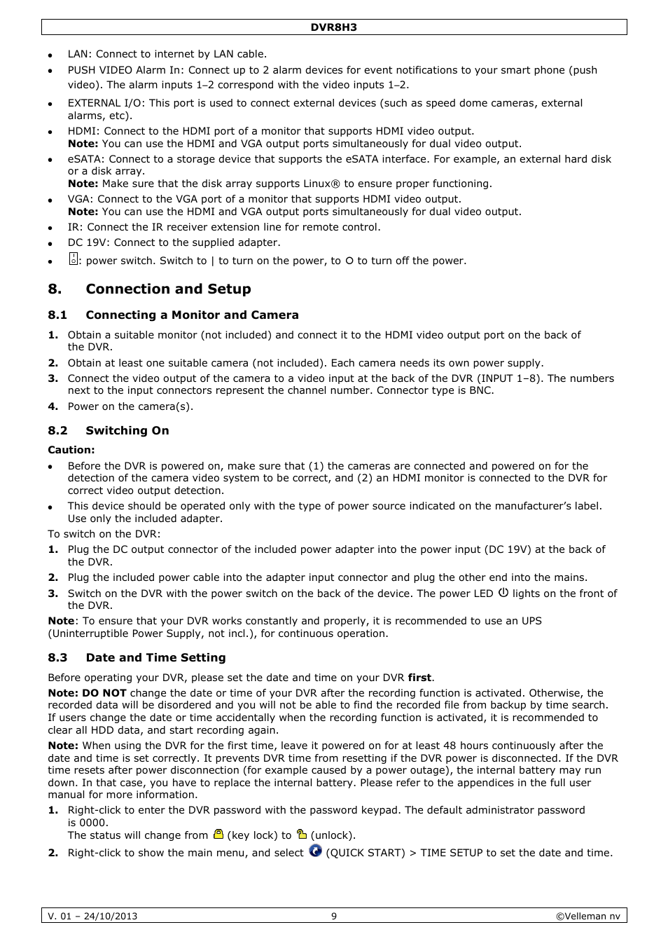 Connection and setup, 1 connecting a monitor and camera, 2 switching on | 3 date and time setting | Velleman DVR8H3 User Manual | Page 9 / 128