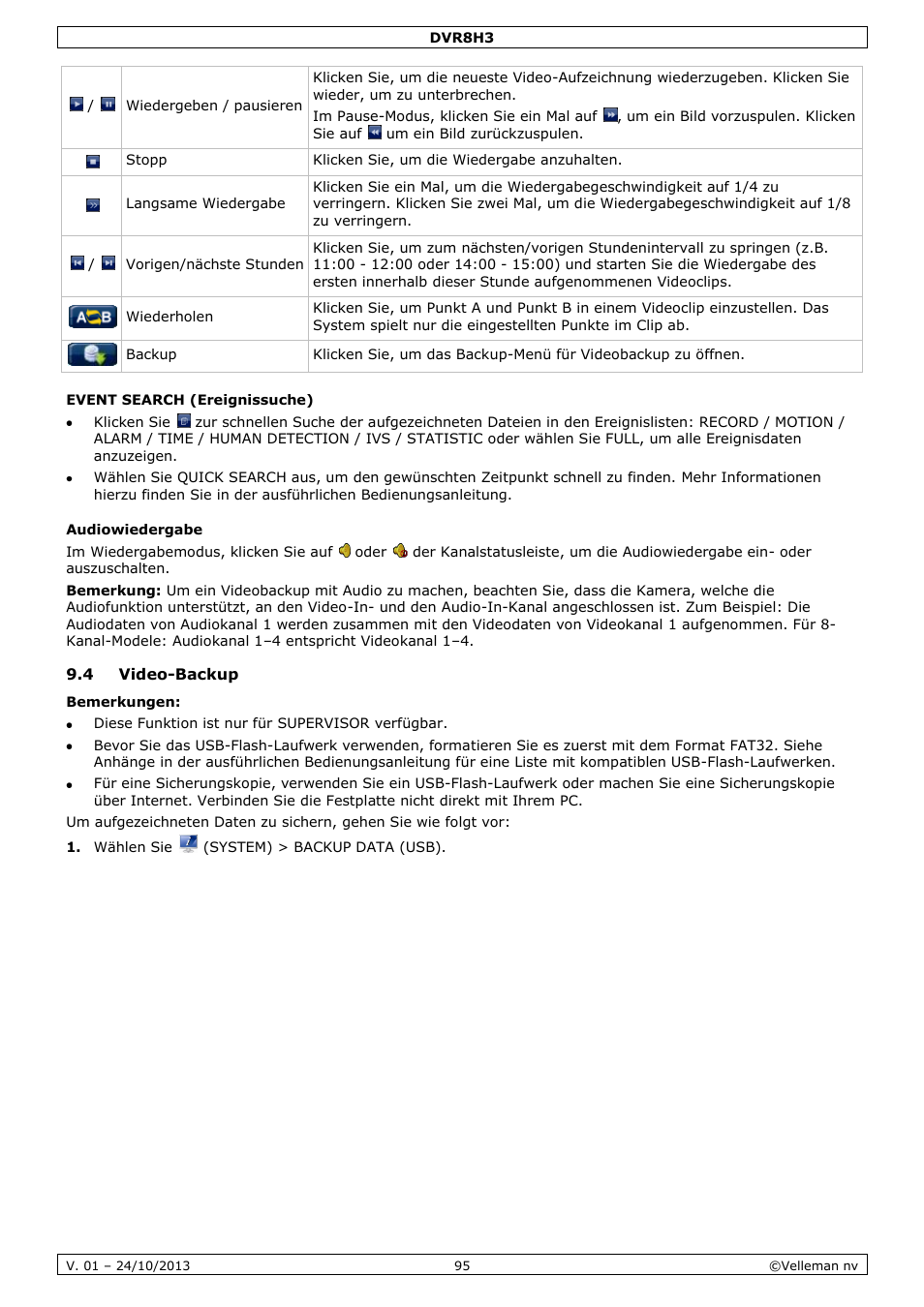 Event search (ereignissuche), Audiowiedergabe, 4 video-backup | Velleman DVR8H3 User Manual | Page 95 / 128