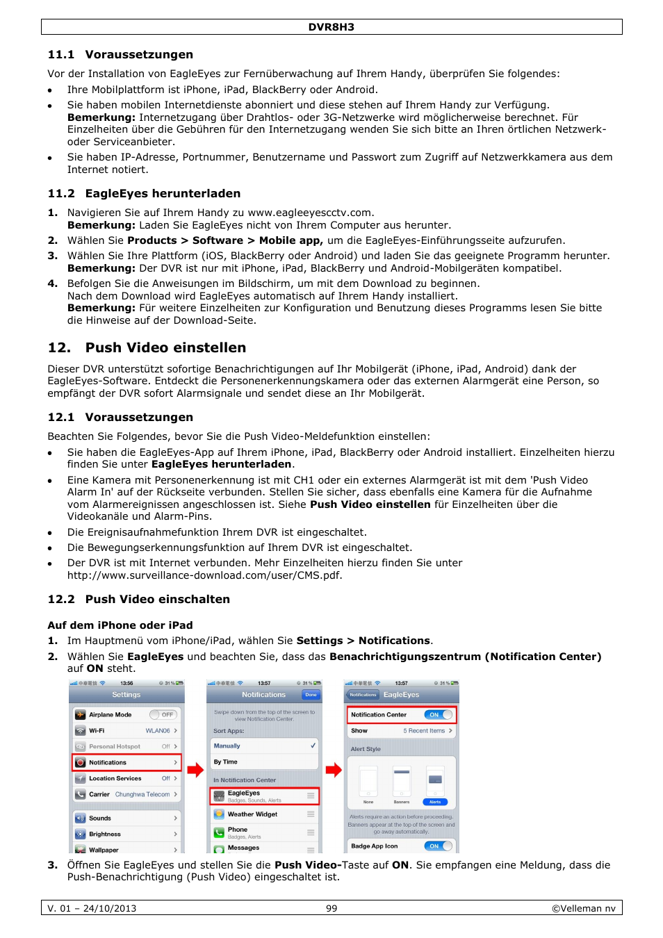1 voraussetzungen, 2 eagleeyes herunterladen, Push video einstellen | 2 push video einschalten, Auf dem iphone oder ipad | Velleman DVR8H3 User Manual | Page 99 / 128