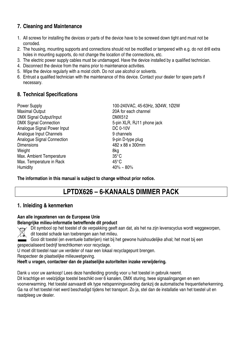 Lptdx626 – 6-kanaals dimmer pack | Velleman LPTDX626 User Manual | Page 5 / 20