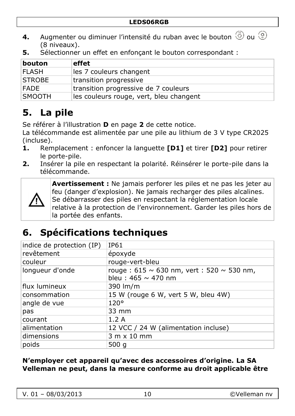 La pile, Spécifications techniques | Velleman LEDS06RGB User Manual | Page 10 / 22