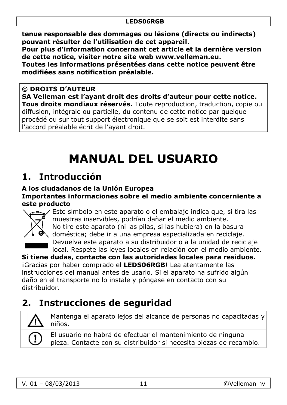 Manual del usuario, Introducción, Instrucciones de seguridad | Velleman LEDS06RGB User Manual | Page 11 / 22