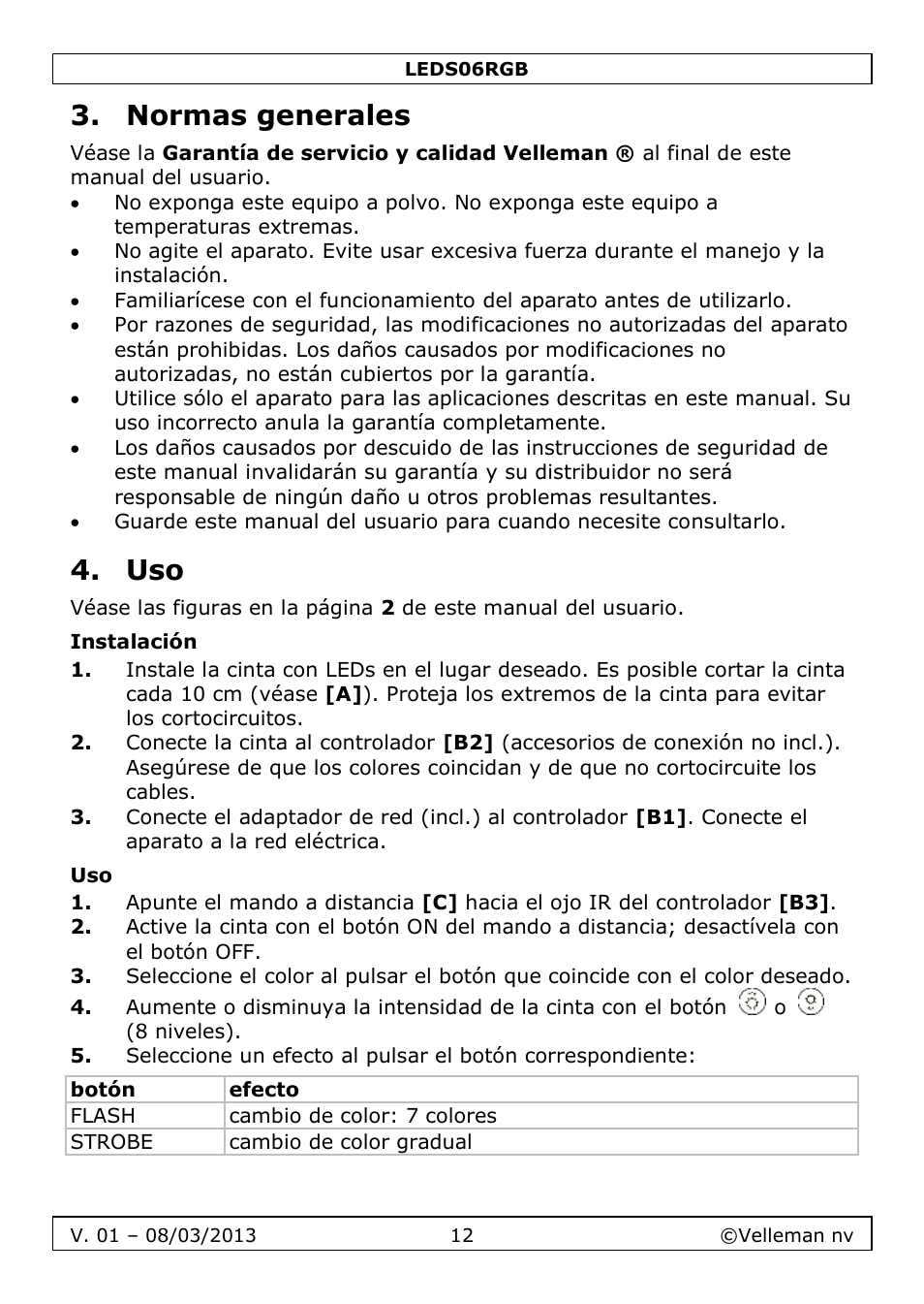 Normas generales, Instalación | Velleman LEDS06RGB User Manual | Page 12 / 22