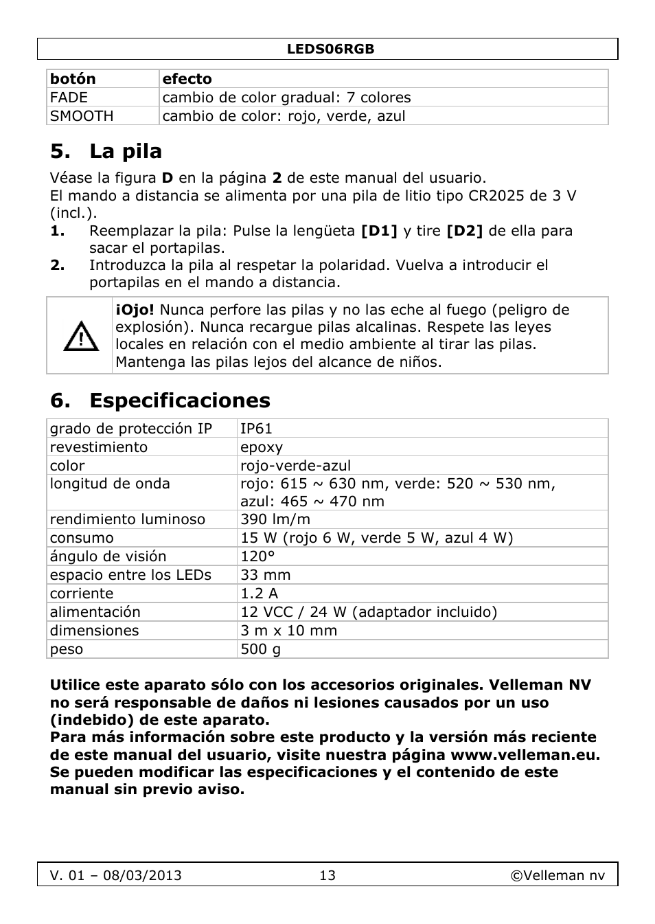 La pila, Especificaciones | Velleman LEDS06RGB User Manual | Page 13 / 22