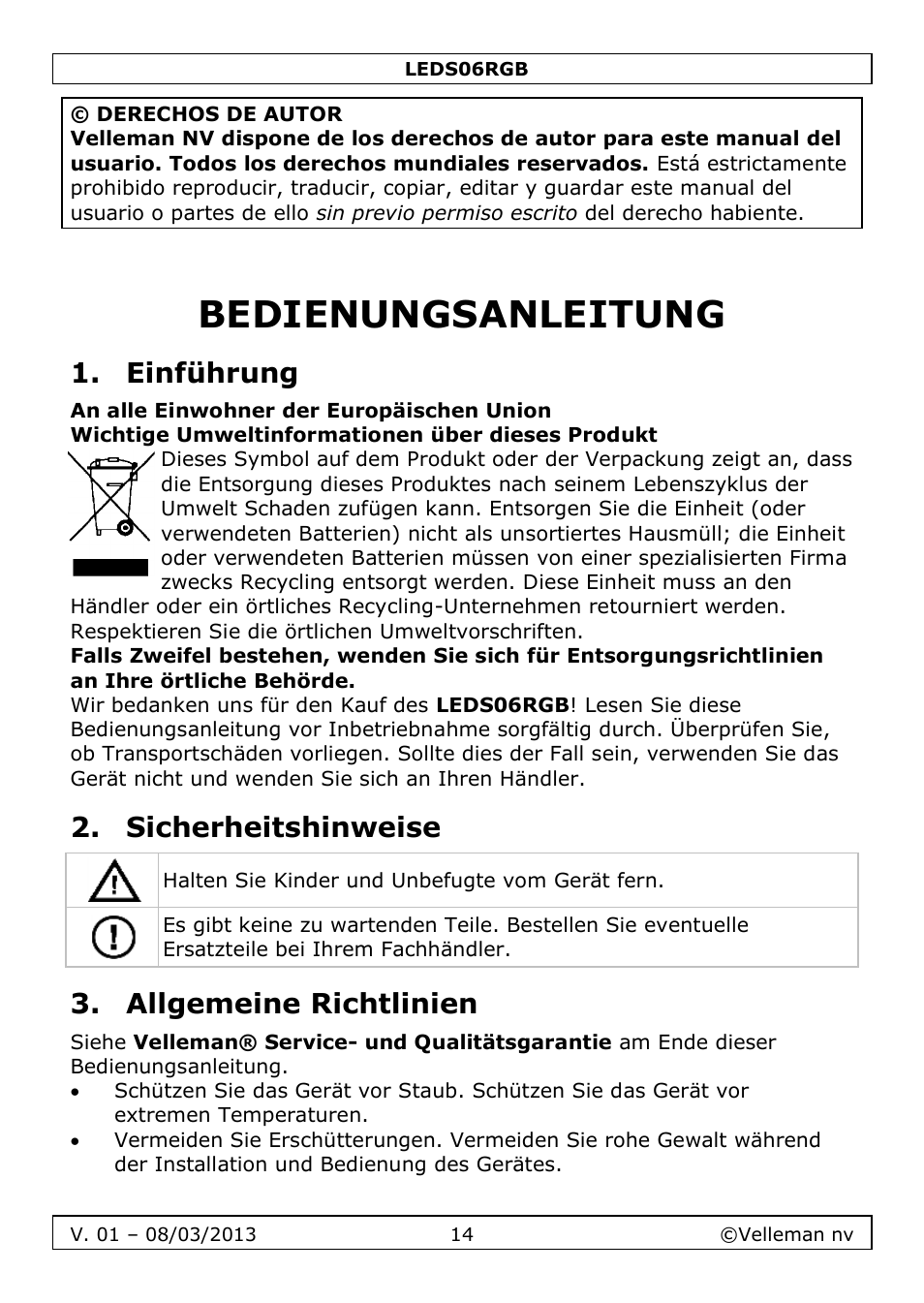 Bedienungsanleitung, Einführung, Sicherheitshinweise | Allgemeine richtlinien | Velleman LEDS06RGB User Manual | Page 14 / 22