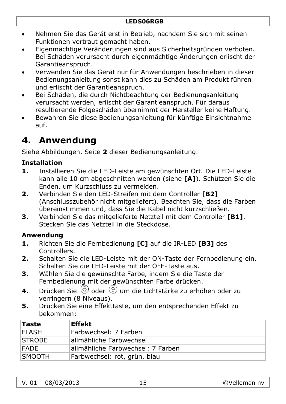 Anwendung, Installation | Velleman LEDS06RGB User Manual | Page 15 / 22