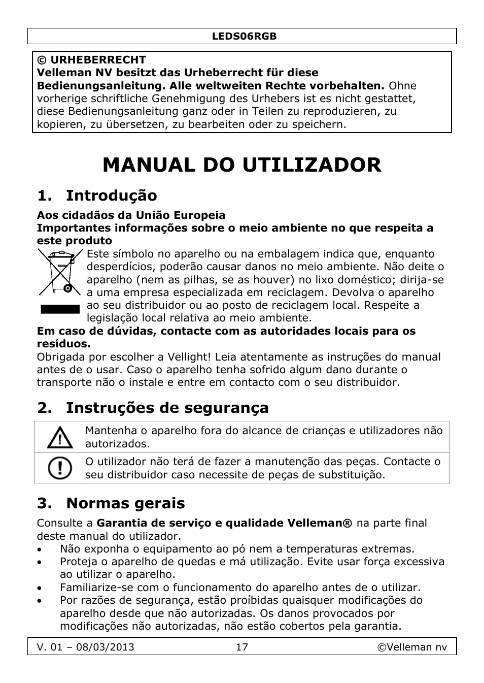 Manual do utilizador, Introdução, Instruções de segurança | Normas gerais | Velleman LEDS06RGB User Manual | Page 17 / 22