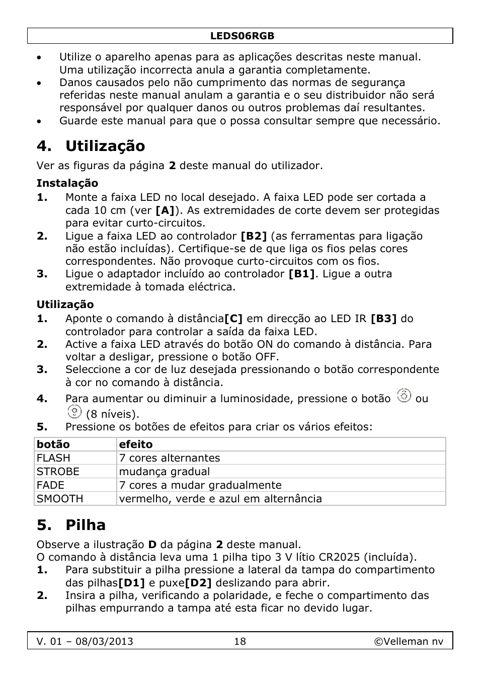 Utilização, Instalação, Pilha | Velleman LEDS06RGB User Manual | Page 18 / 22