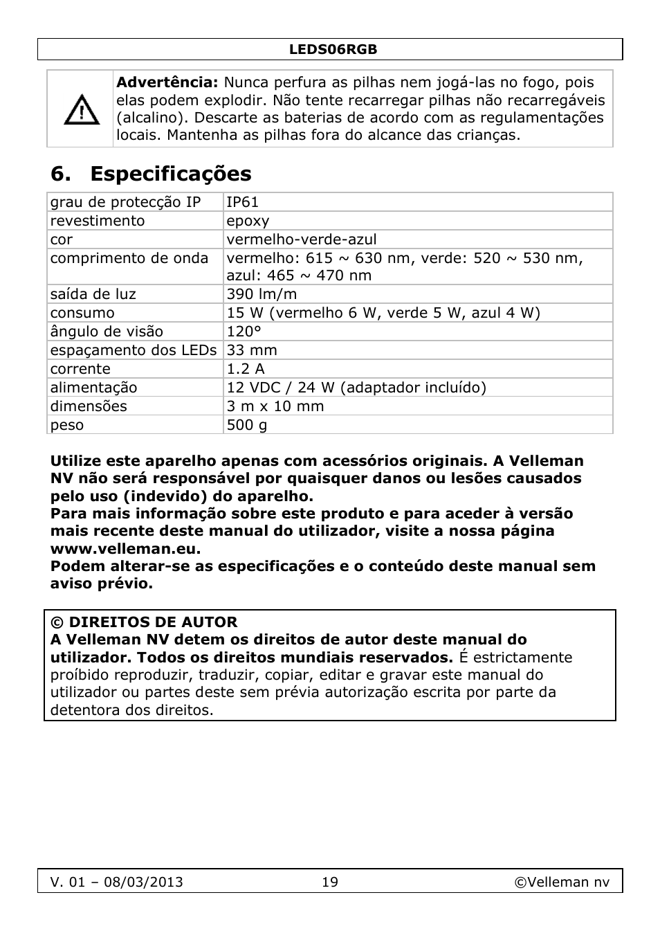 Especificações | Velleman LEDS06RGB User Manual | Page 19 / 22