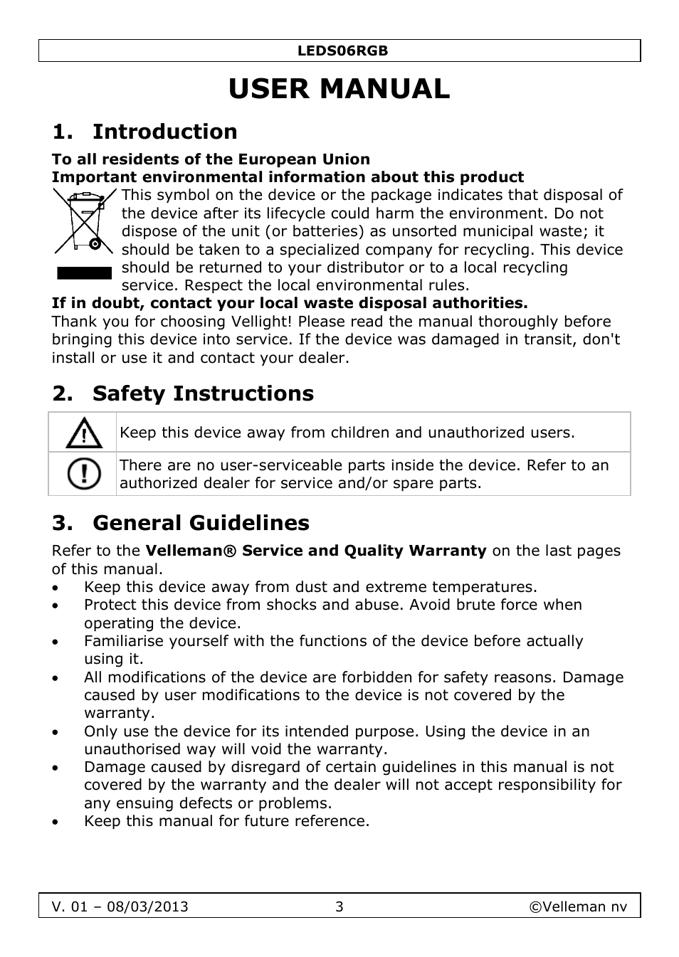User manual, Introduction, Safety instructions | General guidelines | Velleman LEDS06RGB User Manual | Page 3 / 22