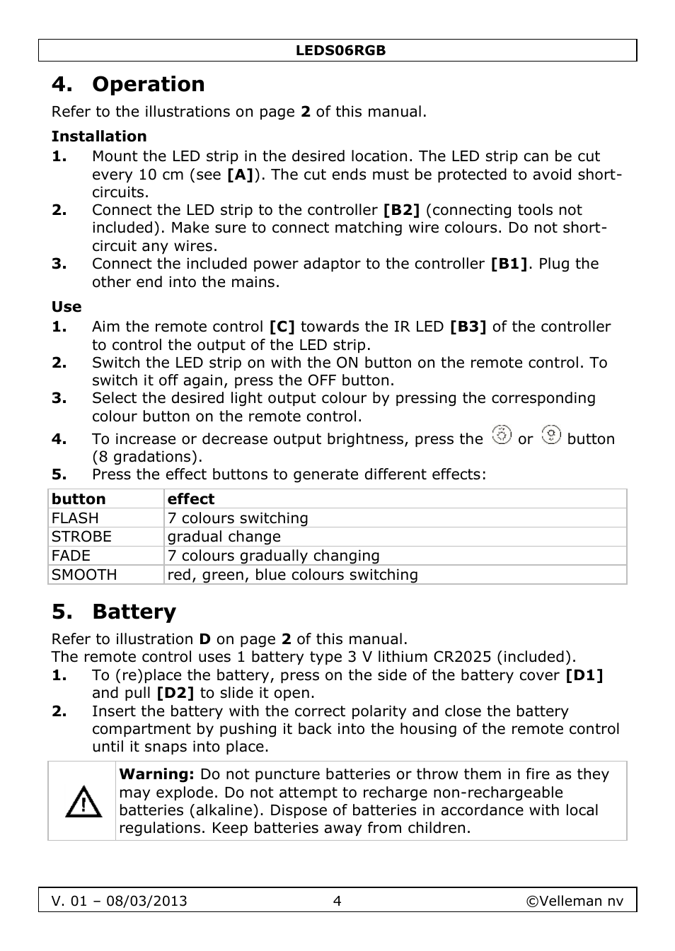 Operation, Installation, Battery | Velleman LEDS06RGB User Manual | Page 4 / 22