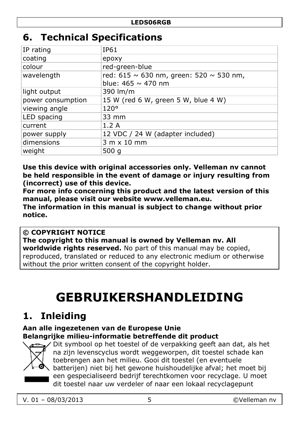 Technical specifications, Gebruikershandleiding, Inleiding | Velleman LEDS06RGB User Manual | Page 5 / 22