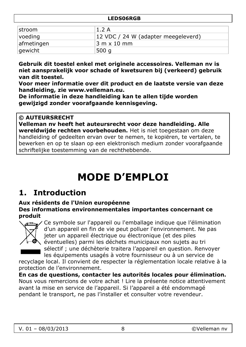 Mode d’emploi, Introduction | Velleman LEDS06RGB User Manual | Page 8 / 22