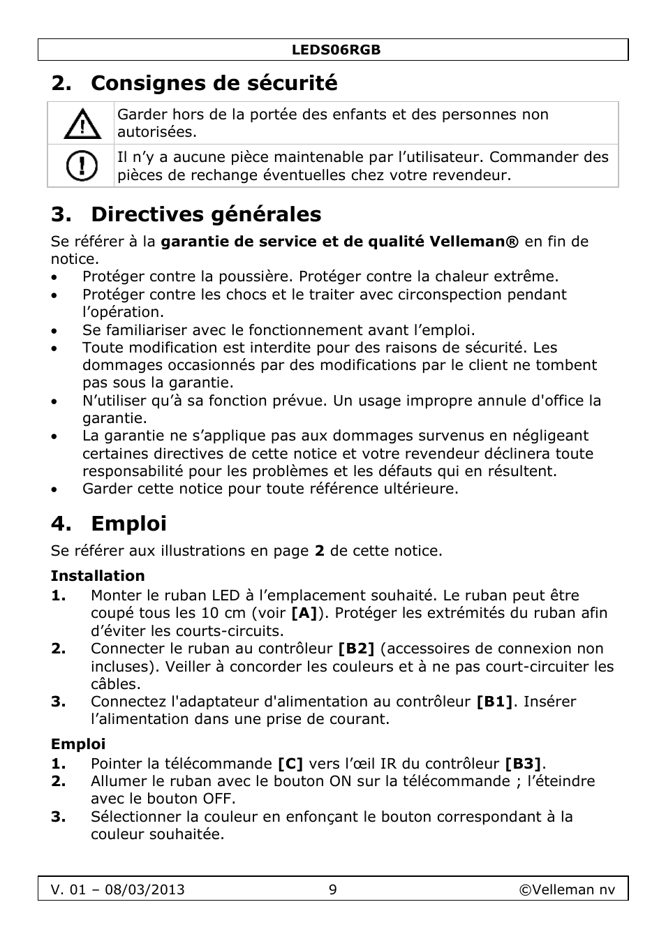 Consignes de sécurité, Directives générales, Emploi | Installation | Velleman LEDS06RGB User Manual | Page 9 / 22