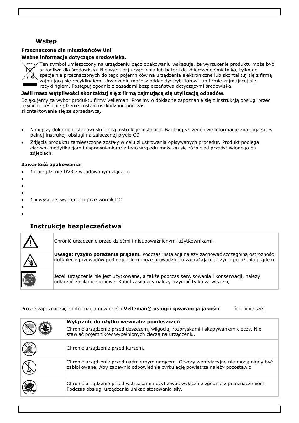 Skrócona instrukcja instalacji, Wstęp, Instrukcje bezpieczeństwa | Informacje ogólne | Velleman CCTVPROM16 User Manual | Page 51 / 60