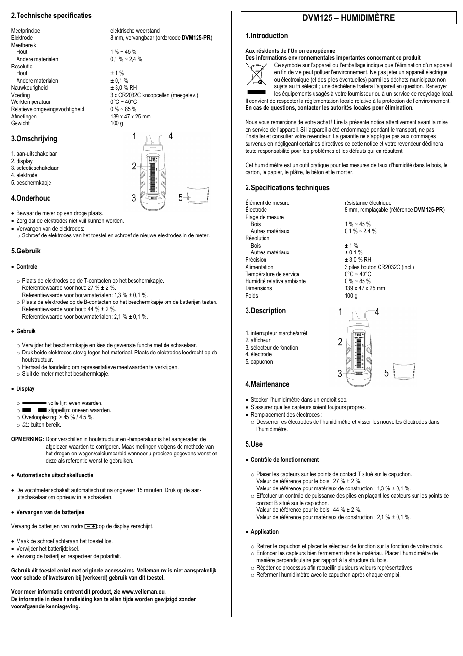 Dvm125 – humidimètre, Technische specificaties, Omschrijving | Onderhoud, Gebruik, Introduction, Spécifications techniques, Description, Maintenance | Velleman DVM125 User Manual | Page 2 / 4