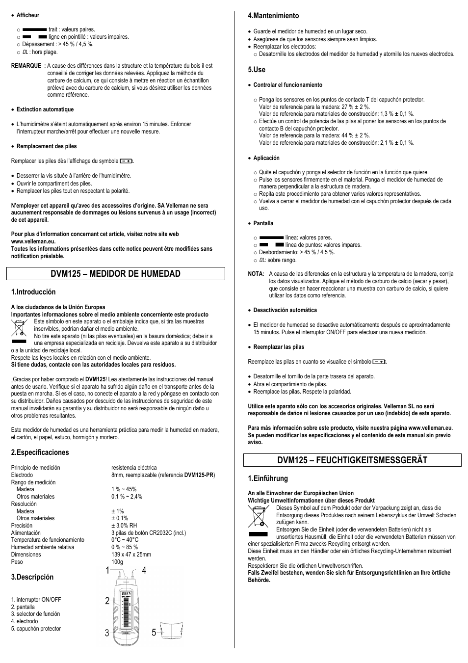 Dvm125 – medidor de humedad, Dvm125 – feuchtigkeitsmessgerät, Introducción | Especificaciones, Descripción, Mantenimiento, Einführung | Velleman DVM125 User Manual | Page 3 / 4
