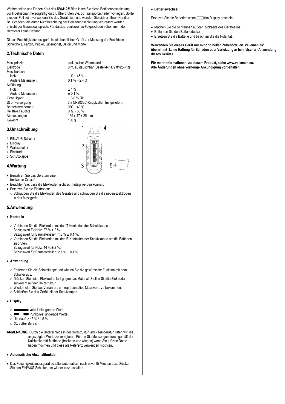 Technische daten, Umschreibung, Wartung | Anwendung | Velleman DVM125 User Manual | Page 4 / 4