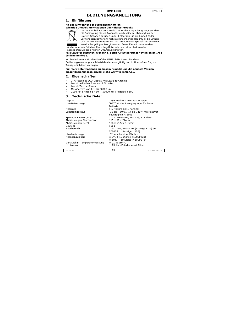 Bedie, Enungsa, Nleitung | Velleman DVM1300 User Manual | Page 13 / 18