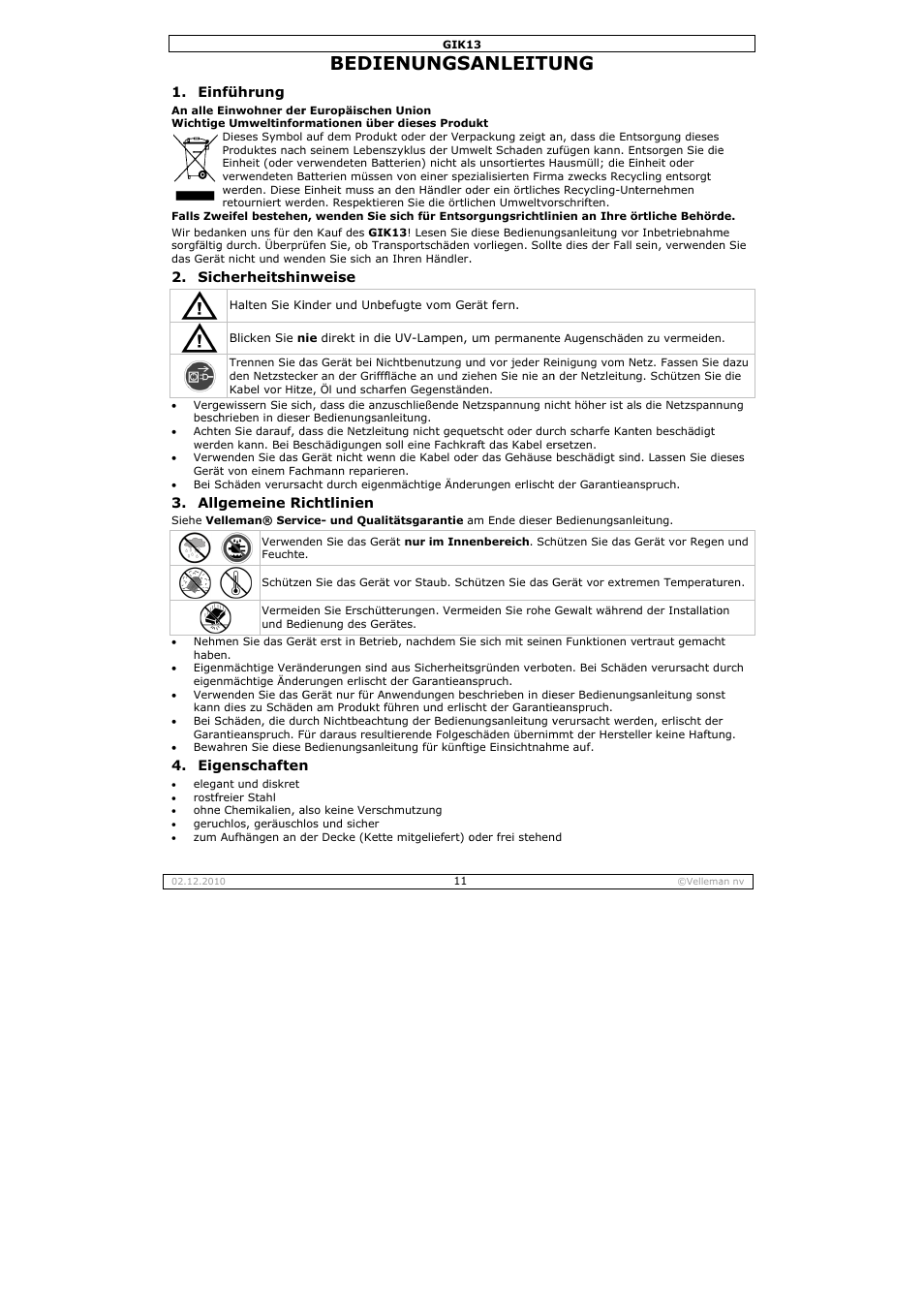 Bedie, Enungs, Anleitu | Velleman GIK13 User Manual | Page 11 / 16